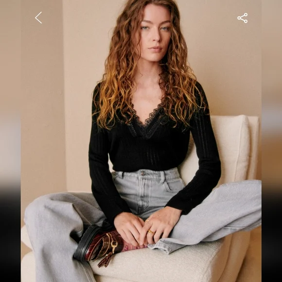 Sezane Abigael Long Sleeved Merino Wool Black V-Neck Jumper - Picture 4 of 5